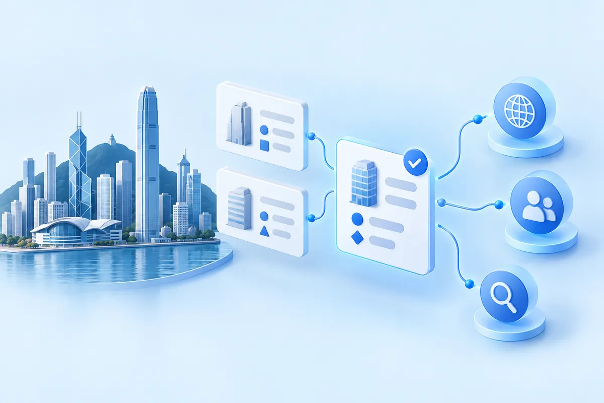 Illustration of company profile cards connected to a network of business information.